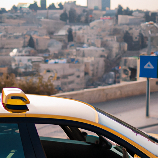 צילום של מונית בירושלים עם הנוף העירוני ברקע.